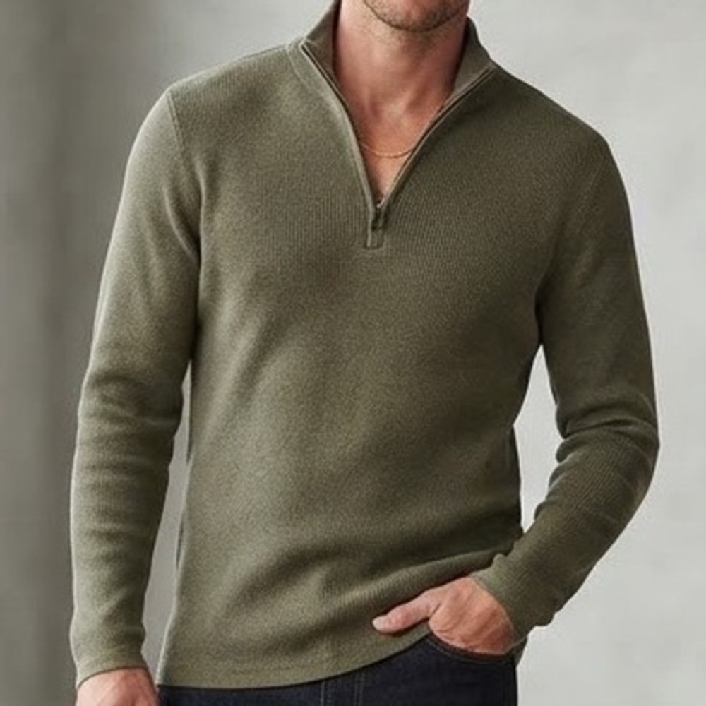 Banana Republic Mens Olive Green Quarter Zip Ribbed Mock Neck Sweater Size M